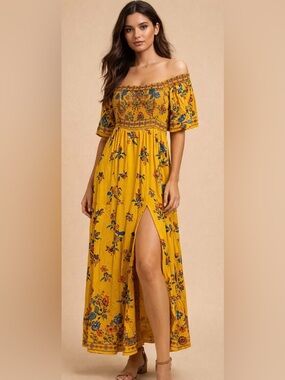 Jealous Tomato yellow floral boho off-the-shoulder dress hi low midi skirted L